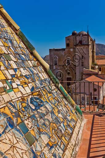 Palermo, The Royal Palace or Palazzo dei Normanni (Palace of the Normans), the Porta Nuova Tower: the pyramidal roof covered with polychrome majolica tiles with the image of an eagle with spread wings, designed by the architect Gaspare Guercio in 1663. 