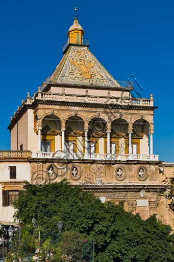 Palermo, The Royal Palace or Palazzo dei Normanni (Palace of the Normans): the Porta Nuova Tower and its pyramidal roof covered with polychrome majolica tiles with the image of an eagle with spread wings, designed by the architect Gaspare Guercio in 1663.