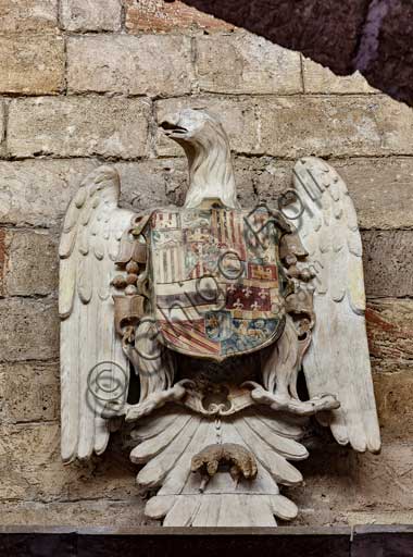 Palermo, Palazzo Reale o Palazzo dei Normanni, Torre Joharia, Sala dei Venti: scultura che rappresenta lo stemma borbonico dell'aquila.