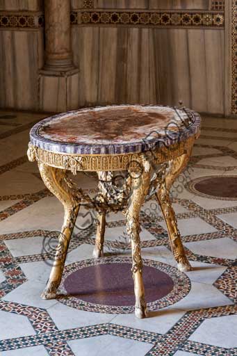 Palermo, The Royal Palace or Palazzo dei Normanni (Palace of the Normans), Pisana Tower,  the King Roger Room (Room was commissioned by King Roger II d'Altavilla): small table. 