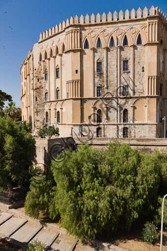 Palermo, The Royal Palace or Palazzo dei Normanni (Palace of the Normans): view of the South West side with the roof gardens of the St. Peter Bastion.