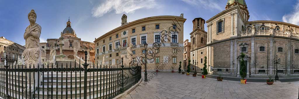 Palermo, Pretoria Square: orbicular view of the square with the Pretoria fountain which is also known as the Fountain of the Shame. It was built in 1554 by Francesco Camilliani in Florence and moved to Piazza Pretoria in Palermo in 1581.