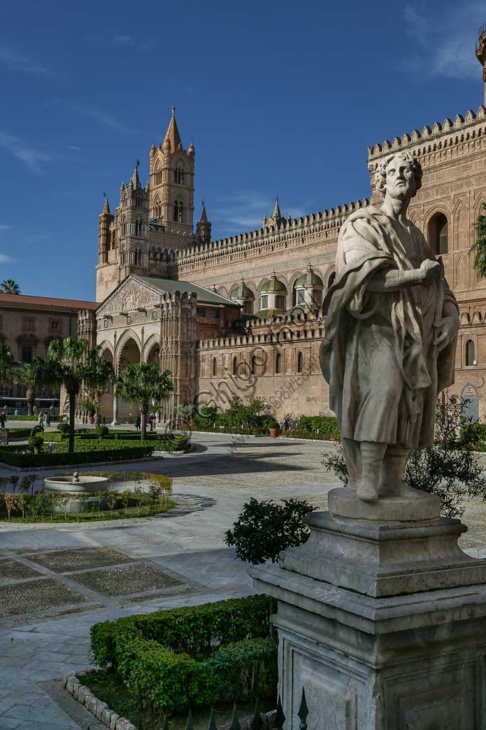 Palermo: view of the southeast side of the Cathedral (Metropolitan Cathedral dedicated to the Assumption of the Virgin Mary). UNESCO site: Arab-Norman Palermo and the cathedrals of Cefalù and Monreale.