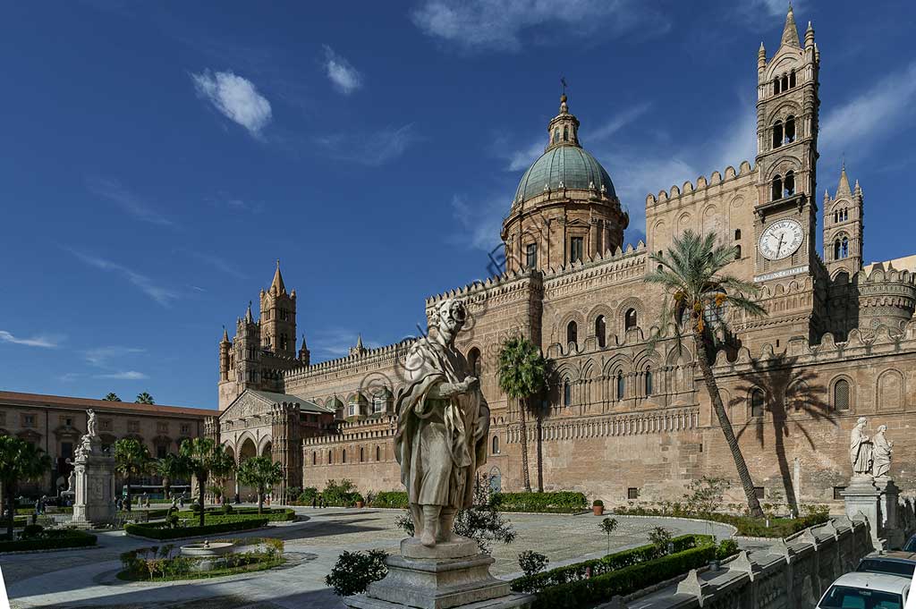 Palermo: view of the southeast side of the Cathedral (Metropolitan Cathedral dedicated to the Assumption of the Virgin Mary). UNESCO site: Arab-Norman Palermo and the cathedrals of Cefalù and Monreale.