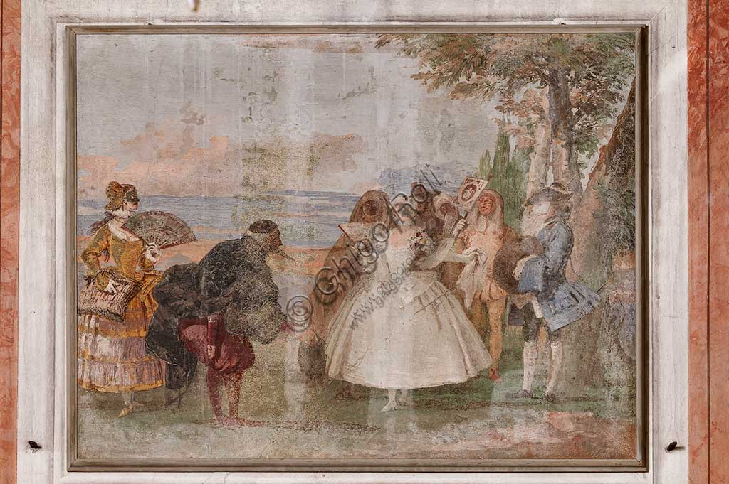 Vicenza, Villa Valmarana ai Nani, Foresteria, Stanza delle scene carnevalesche: "Pantalone e Colombina"; scena con maschere. Affreschi di Giandomenico Tiepolo, 1757.