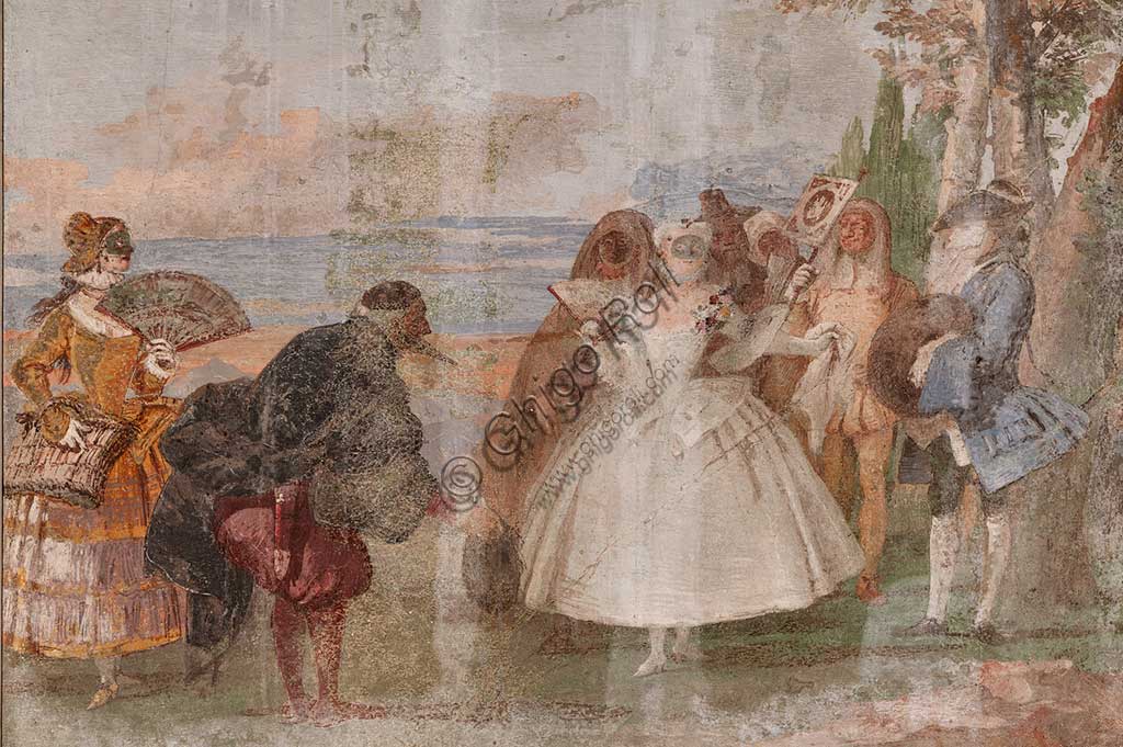 Vicenza, Villa Valmarana ai Nani, Foresteria, Stanza delle scene carnevalesche: "Pantalone e Colombina"; scena con maschere. Affreschi di Giandomenico Tiepolo, 1757.