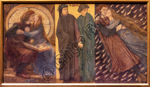 "Paolo e Francesca da Rimini", (1855)  di Dante Gabriel Rossetti (1828-1882); acquerello su carta. Nella prima scena Paolo ha su libro aperto sulle gambe con un'immagine di Lancillotto che ebbe una relazione con Ginevra, moglie di re Artù. Nella seconda scena, Dante guidato da Virgilio all'Inferno. Nella terza scena l'abbraccio tra Paolo e Francesca.