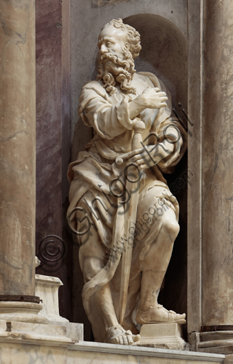 Genoa, Duomo (St. Lawrence Cathedral), inside, Cybo chapel (northern arm of the transept), Funerary Monument of Archbishop Giuliano Cybo: "Jesus Christ enthroned, between Saint Peter (left) and Saint Paul (right)", statue by Giangiacomo and Guglielmo Della Porta, and by Niccolò Da Corte (1533 - 1537). Detail of St. Paul.