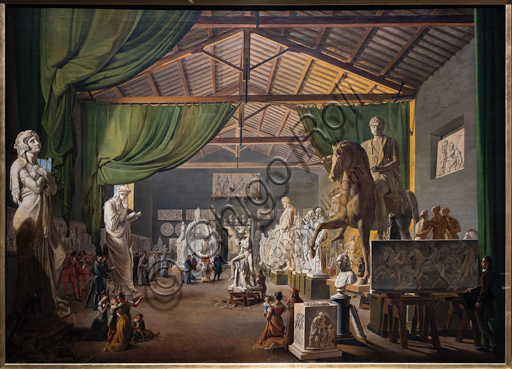 "Papa Leone XII visita il grande atelier di Thorvaldsen nel giorno di San Luca, il 18 ottobre 1826", 1830, di Hans Ditlev Christian Martens (1795 - 1864), olio su tela.