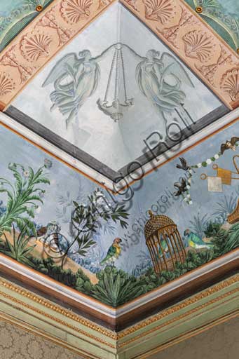 Palermo, The Royal Palace or Palazzo dei Normanni (Palace of the Normans), The Royal Apartment, the Birds Room, the frescoed vault: detail with parrots, a cage and flowers.