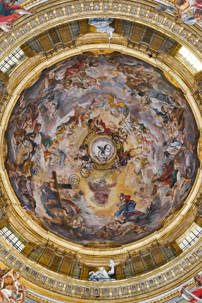 Chiesa del Gesù, interno: la cupola del transetto, con "Il Paradiso inneggia a Gesù" e i pennacchi con Profeti, Evangelisti e dottori della Chiesa; affreschi del Baciccia (Giovan Battista Gaulli), 1679.