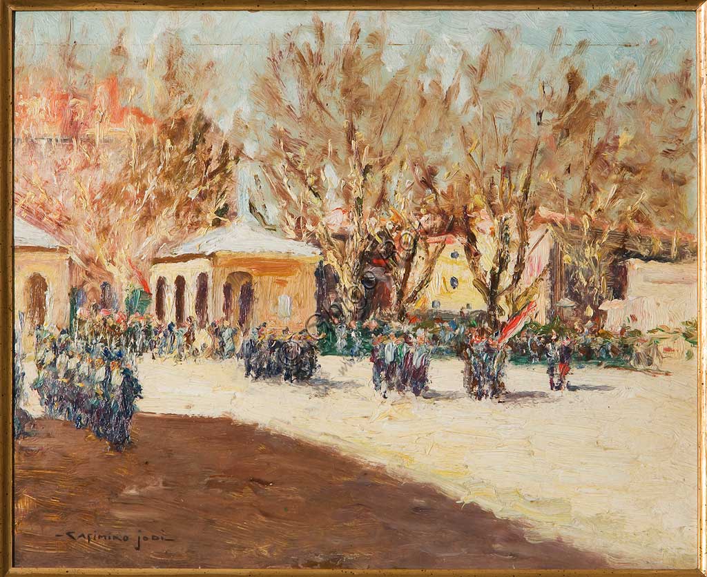 Collezione Assicoop - Unipol: Casimiro Jodi (1886-1948), "Parata Militare". Olio su cartone, cm. 27x35.