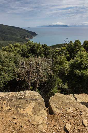 Parco archeologico di Populonia e Baratti: mura etrusche dell'acropoli romana di Populonia. Sullo sfondo, l'Isola d'Elba.