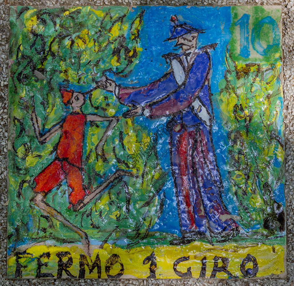 Pinocchio Park: the Game of the Goose, by E. Taccini. Scene representing Pinocchio and the carabiniere.