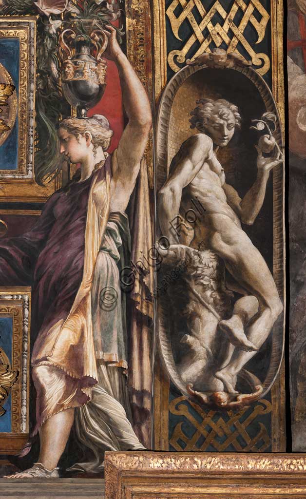 Parma, Chiesa di Santa Maria della Steccata, arcone del braccio orientale del transetto: affreschi del Parmigianino (Girolamo Francesco Maria Mazzola),  con canefore, che richiamano la leggenda delle Vergini Sagge e delle Vergini Folli  (1530-39). Particolare.