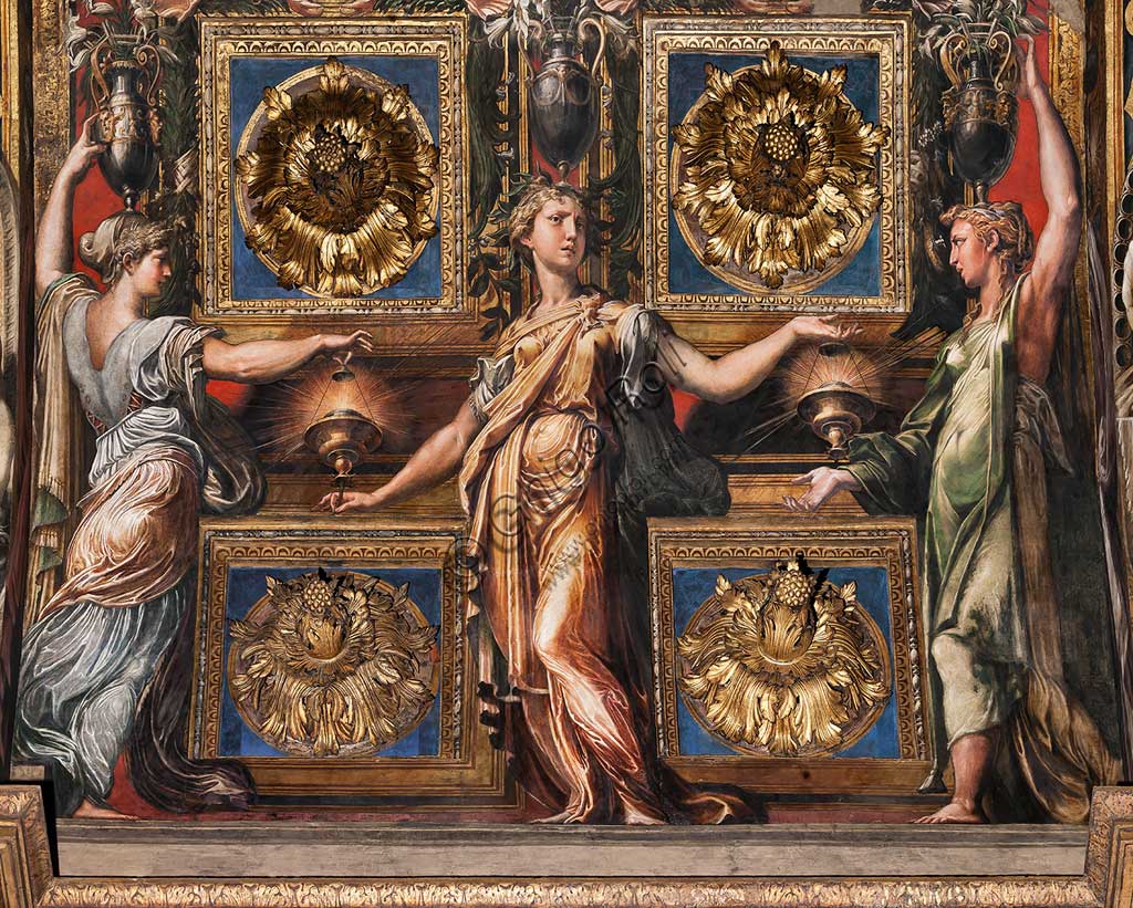Parma, Church of St. Maria della Steccata, arch of the eastern arm of the transept: frescoes by Girolamo Francesco Maria Mazzola, known as Parmigianino, with caryatids which refer to the legend of the Wise Virgins and the Mad Virgins (1530-39). Detail.