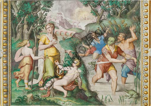  Parma, San Secondo, Rocca Dei Rossi, Hall of Latona: the Goddess, exhausted from the long pilgrimage with her children Apollo and Diana, to escape the wrath of the jealous Juno, transforms into frogs some arrogant peasants who dared to deny her a moment of rest . Fresco inspired by an episode from Ovid's Metamorphoses, by an unknown author, probably a pupil of Giulio Romano.