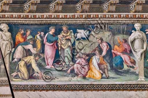 Roma, Villa Farnesina, Sala delle Prospettive: fregio superiore con scene mitologiche. Particolare con Il Parnaso, Pegaso e i poeti.Affreschi di Baldassarre Peruzzi e bottega (1517-8).  