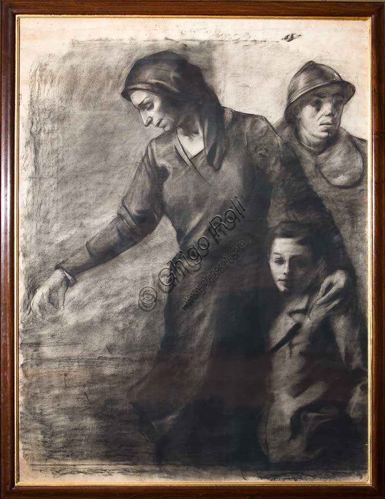 Assicoop - Unipol Collection: Nereo Annovi (1908-1981), "The Departure". Charcoal drawing on paper, cm 149 x 112.
