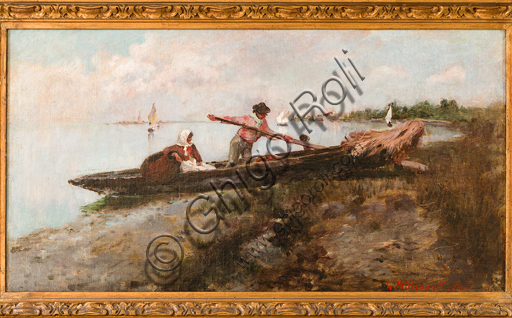 Giuseppe Miti Zanetti: "Departure from Cavallino" Oil painting on canvas, cm 32,5 x 52,5.