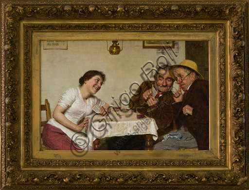 Gaetano Bellei (1857 - 1922): "Partita a carte", (olio su tela, 43 x 65 cm).
