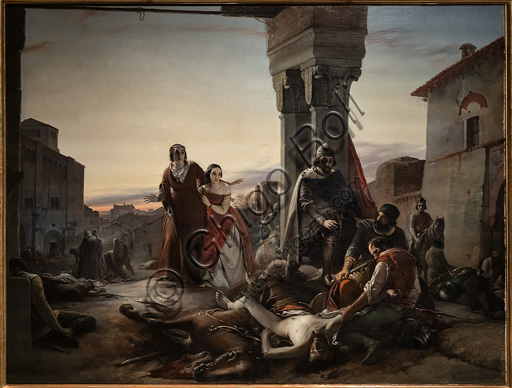 Pasquale Massacra: "Ricciardino Langosco's mother searching the corpse of her son killed during the conquest of Pavia at the hands of  Matteo Visconti in 1315", oil painting on canvas,  1846.