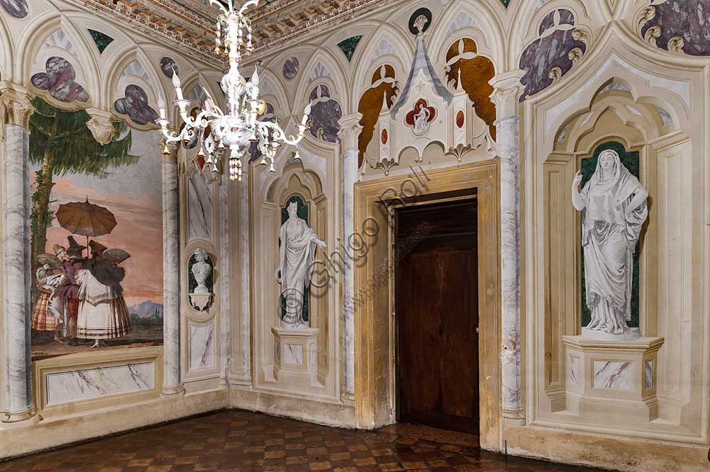 Vicenza, Villa Valmarana ai Nani, Guest Lodgings: view of the Room  of the False Gothic Architectures. On the left, " A Summer Walk", fresco by Giandomenico Tiepolo, 1757.