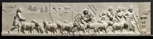  ""The entry of Alexander the Great into Babylon", a frieze executed between 1818 and 1828 by Bertel Thorvaldsen (1770 - 1844) in Carrara marble.  It is conceived as the meeting between two processions that converge towards the center, that is, towards the figure of Alexander the Great who advances on the chariot led by Victory, followed by his famous steed Bucefalo and his soldiers loaded with booty. In front of the leader, the allegorical figure of Peace, recognizable by the olive branch, precedes the people and the rulers of Babylon, who offer their gifts (horses, lions, panthers ...) to the winner, while dancers scatter flowers in his honor.Detail with a sheperd and a flock.