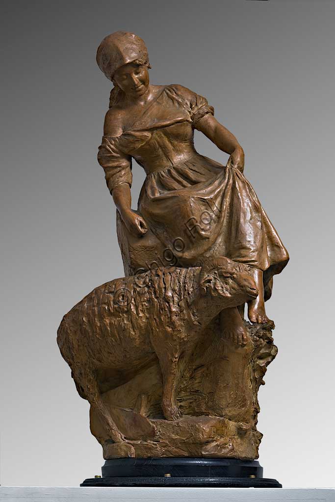 Assicoop - Unipol Collection: Silvestro Barberini (1854 - 1916), "Female Sheperd with a Goat"; terracotta.