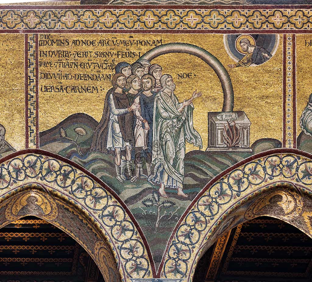  Monreale, Duomo: "The pact of the rainbow." Old Testament Cycle - The Great Flood, Byzantine mosaics, 12th - 13th centuriesLatin inscription: "DIXIT DOMINUS AD NOE, ARCUM MEUM PONAM IN NUBIBUS ET ERIT SIGNUM FŒDERIS INTER ME ET TERRAM ET NON ERUNT AMPLIUS DILUVII AD DELENDA UNIVERSAM CARNEM".