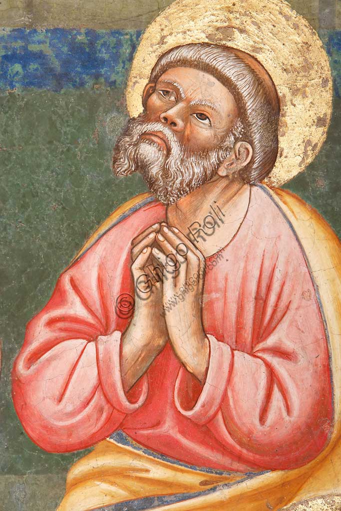 Rocca di Vignola, Cappella Contrari, parete Ovest "Pentecoste", affresco del Maestro di Vignola, anni Venti del Quattrocento. Particolare con santo in preghiera.