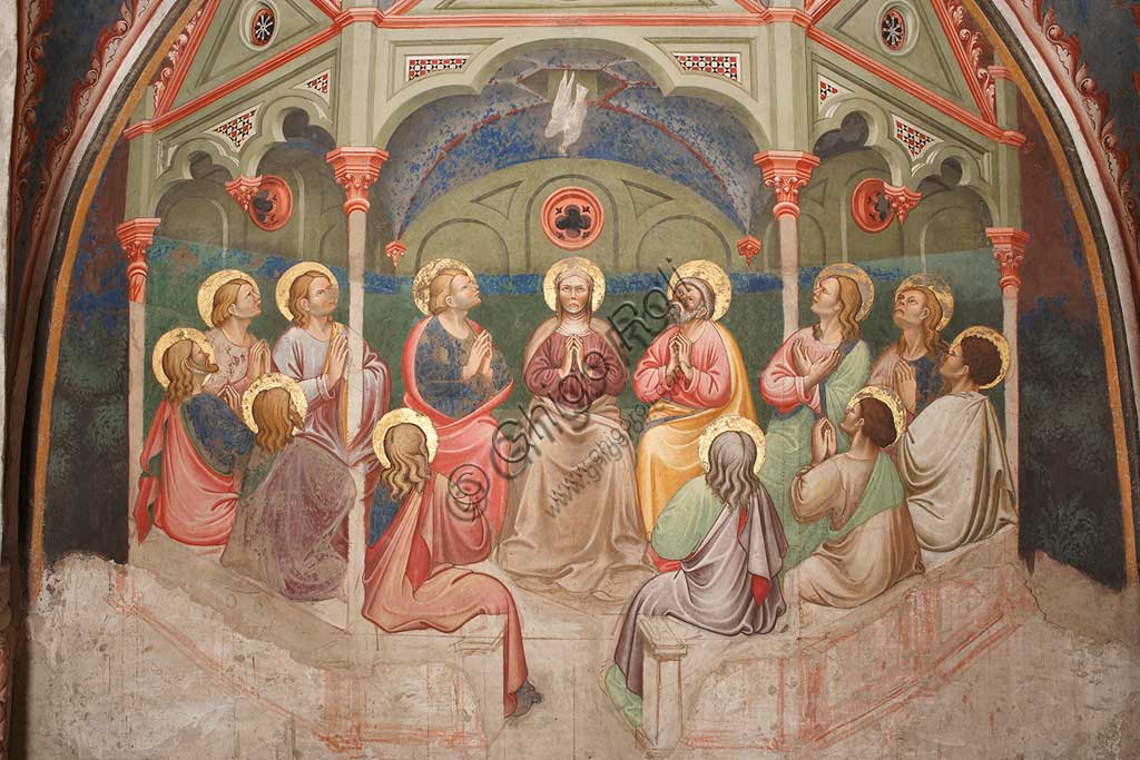 Vignola Stronghold, the Contrari Chapel, Western wall: "The Pentecost", fresco by the Master of Vignola, about 1420. Detail with praying saints and Virgin Mary, and the dove.