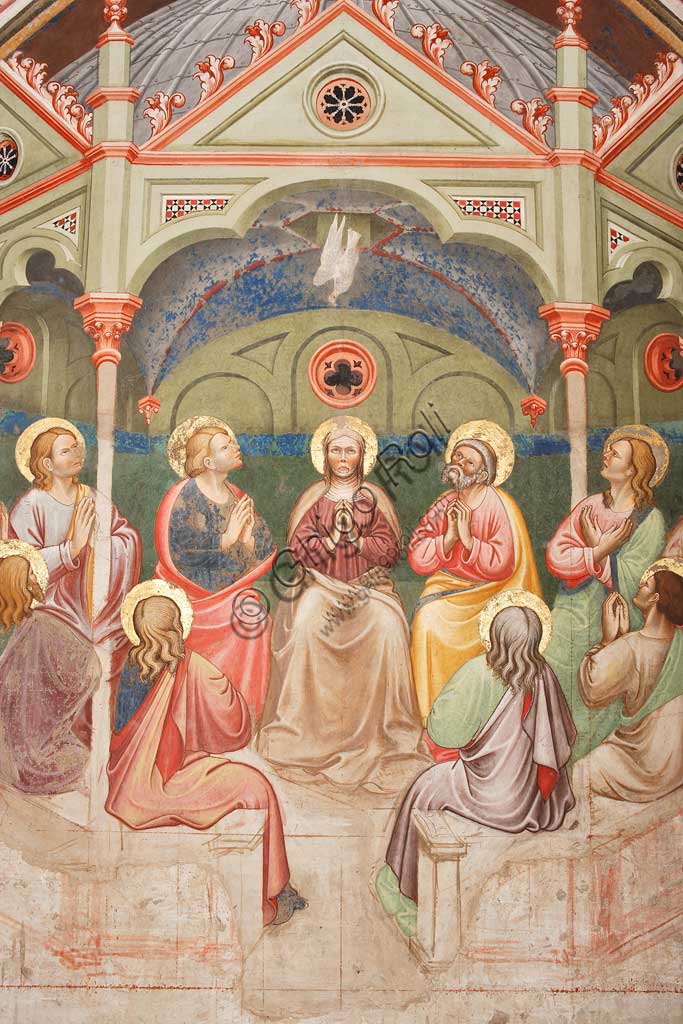 Vignola Stronghold, the Contrari Chapel, Western wall: "The Pentecost", fresco by the Master of Vignola, about 1420. Detail with praying saints and Virgin Mary, and the dove.