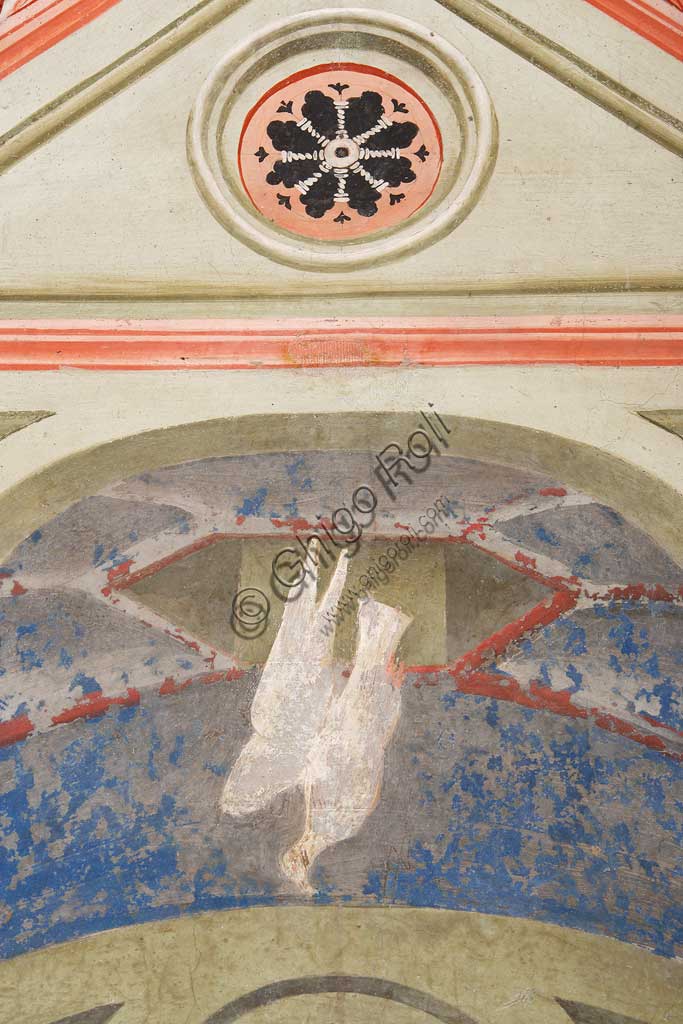 Rocca di Vignola, Cappella Contrari, parete Ovest "Pentecoste", affresco del Maestro di Vignola, anni Venti del Quattrocento. Particolare con colomba.
