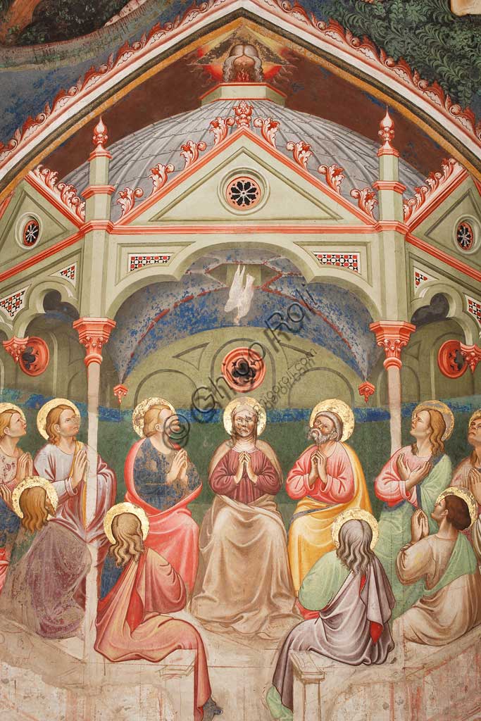 Vignola Stronghold, the Contrari Chapel, Western wall: "The Pentecost", fresco by the Master of Vignola, about 1420. Detail with praying saints and Virgin Mary, and the dove.