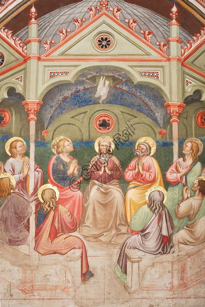 Vignola Stronghold, the Contrari Chapel, Western wall: "The Pentecost", fresco by the Master of Vignola, about 1420. Detail with praying saints and Virgin Mary, and the dove.