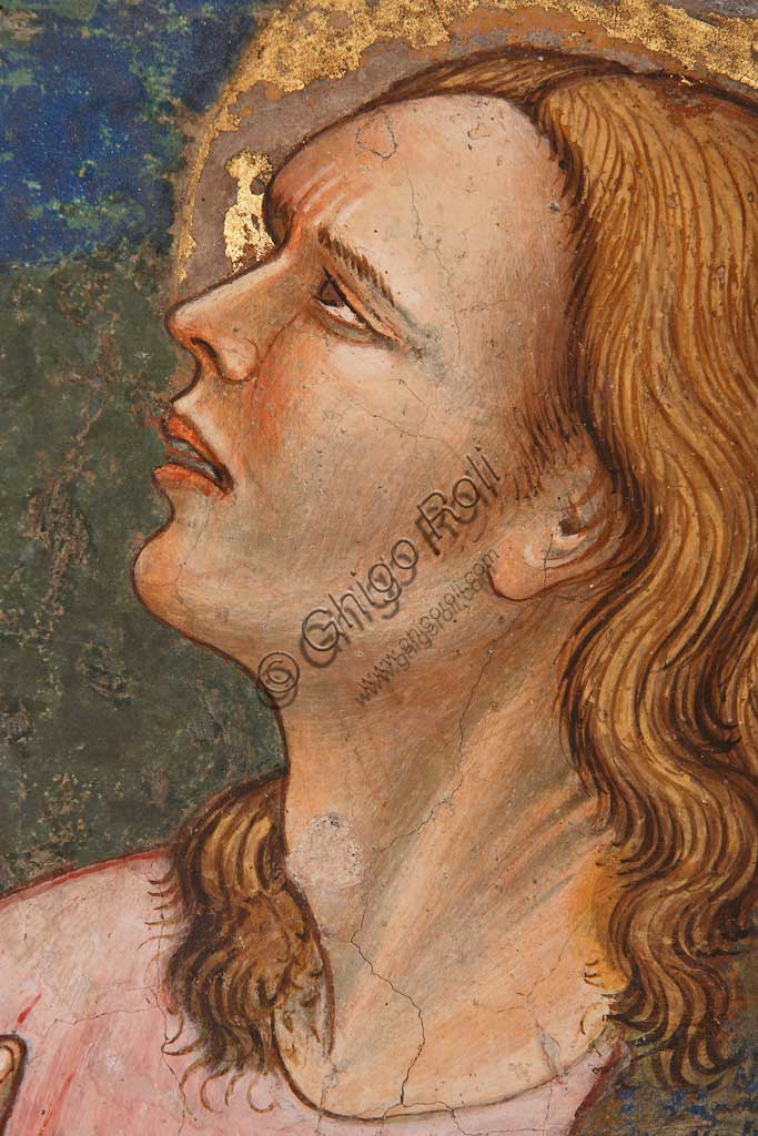 Rocca di Vignola, Cappella Contrari, parete Ovest "Pentecoste", affresco del Maestro di Vignola, anni Venti del Quattrocento. Particolare con santo in preghiera.