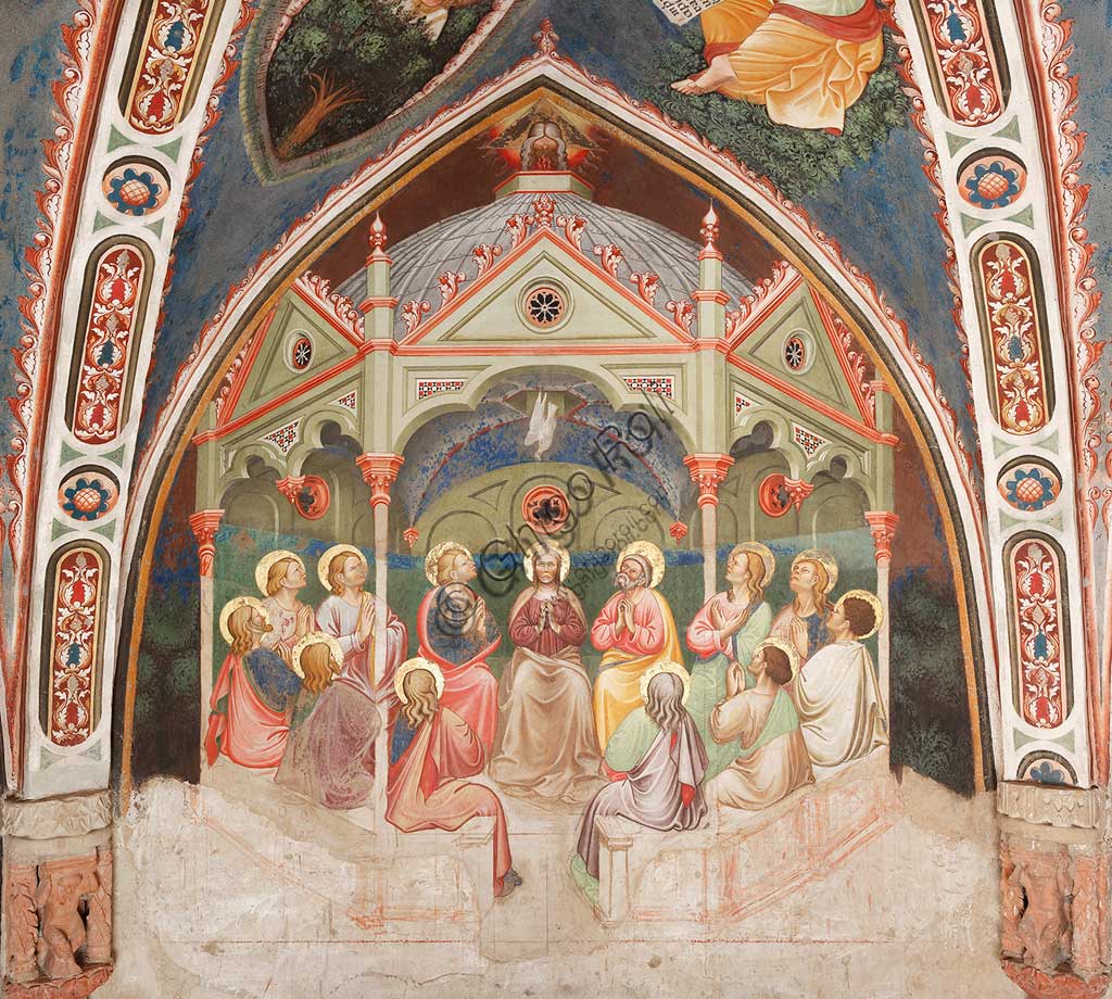 Vignola Stronghold, the Contrari Chapel,  Western wall: "The Pentecost". On the left top "The three faced Trinity and the Tree of Life", on the right top "St. John the Evangelist". Fresco by the Master of Vignola, about 1420.