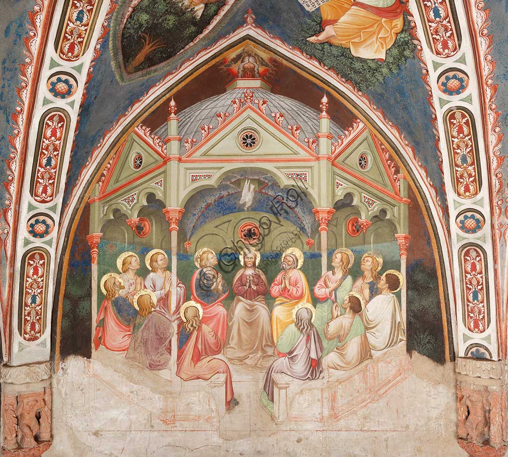 Rocca di Vignola, Cappella Contrari, parete ovest: "Pentecoste". In alto a sinistra, "Trinità trifonte con l'albero della vita" e a destra "L'Evangelista Giovanni". Affresco del Maestro di Vignola, anni Venti del Quattrocento.