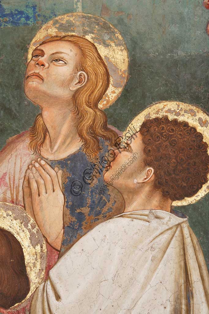 Rocca di Vignola, Cappella Contrari, parete Ovest "Pentecoste", affresco del Maestro di Vignola, anni Venti del Quattrocento. Particolare con due santi in preghiera.