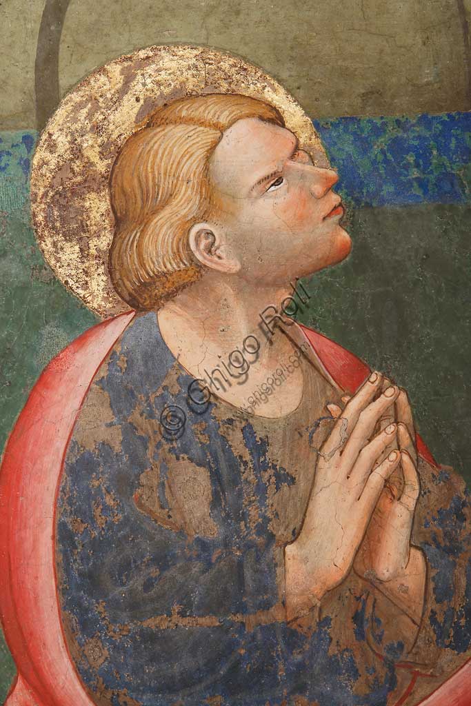 Rocca di Vignola, Cappella Contrari, parete Ovest "Pentecoste", affresco del Maestro di Vignola, anni Venti del Quattrocento. Particolare con santo in preghiera.