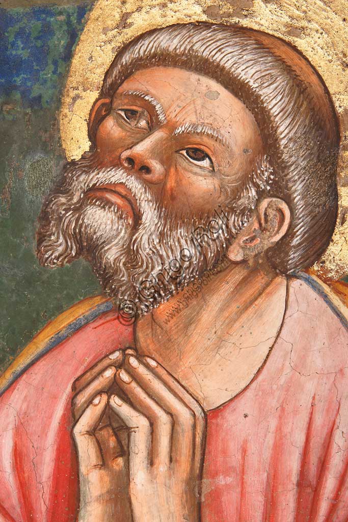 Rocca di Vignola, Cappella Contrari, parete Ovest "Pentecoste", affresco del Maestro di Vignola, anni Venti del Quattrocento. Particolare con santo in preghiera.