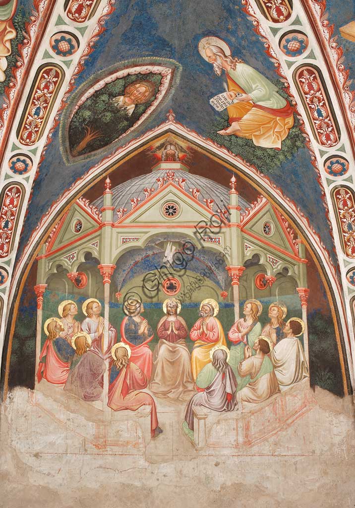 Vignola Stronghold, the Contrari Chapel,  Western wall: "The Pentecost". On the left top "The three faced Trinity and the Tree of Life", on the right top "St. John the Evangelist". Fresco by the Master of Vignola, about 1420.