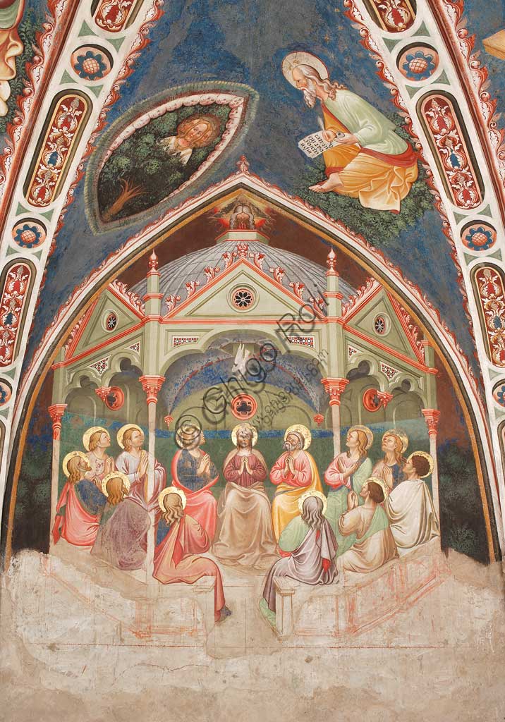 Rocca di Vignola, Cappella Contrari, parete ovest: "Pentecoste". In alto a sinistra, "Trinità trifonte con l'albero della vita" e a destra "L'Evangelista Giovanni". Affresco del Maestro di Vignola, anni Venti del Quattrocento.