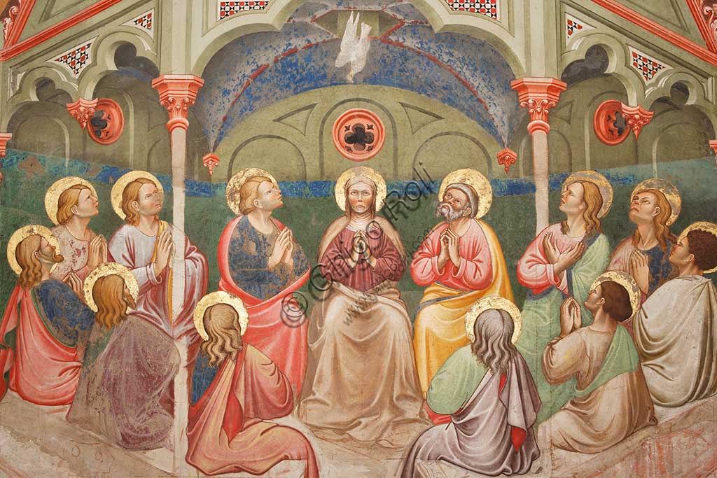 Vignola Stronghold, the Contrari Chapel, Western wall: "The Pentecost", fresco by the Master of Vignola, about 1420. Detail with praying saints and Virgin Mary, and the dove.