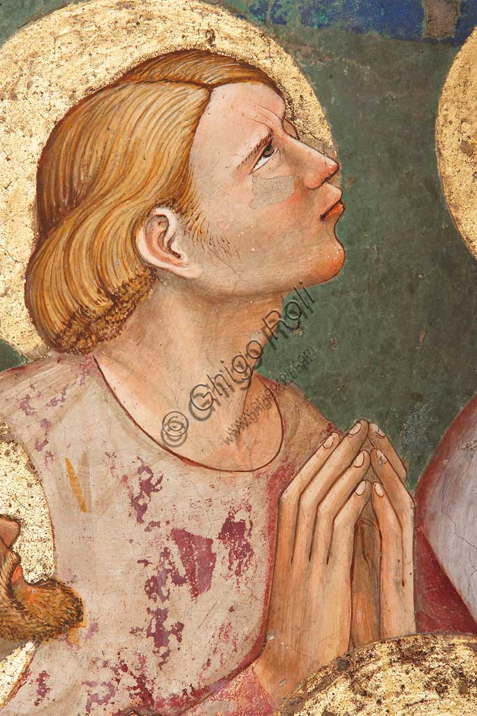 Rocca di Vignola, Cappella Contrari, parete Ovest "Pentecoste", affresco del Maestro di Vignola, anni Venti del Quattrocento. Particolare con santo in preghiera.