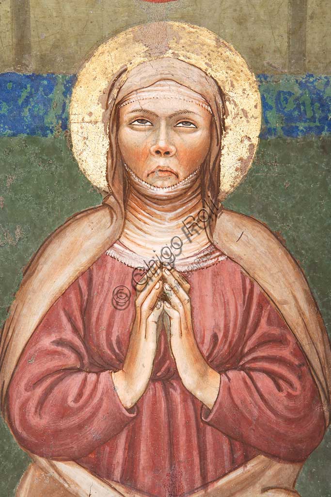 Rocca di Vignola, Cappella Contrari, parete Ovest "Pentecoste", affresco del Maestro di Vignola, anni Venti del Quattrocento. Particolare del viso della Madonna.