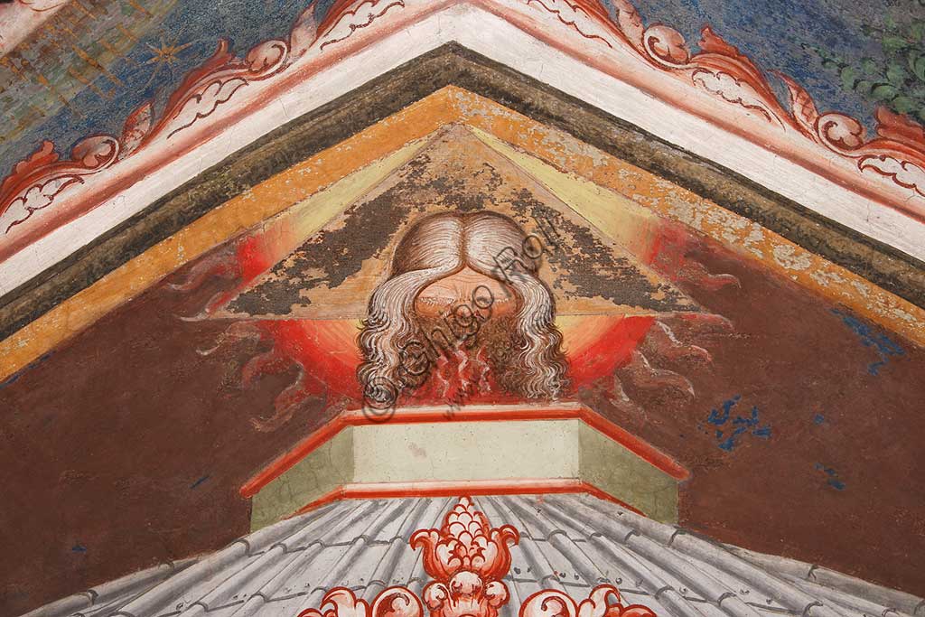 Rocca di Vignola, Cappella Contrari, parete Ovest "Pentecoste", affresco del Maestro di Vignola, anni Venti del Quattrocento. Particolare  con Dio Padre.