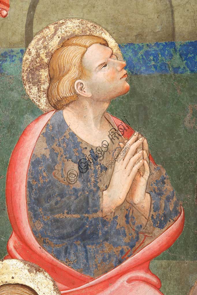 Rocca di Vignola, Cappella Contrari, parete Ovest "Pentecoste", affresco del Maestro di Vignola, anni Venti del Quattrocento. Particolare con santo in preghiera.