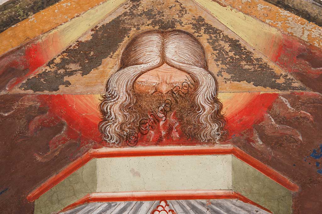 Rocca di Vignola, Cappella Contrari, parete Ovest "Pentecoste", affresco del Maestro di Vignola, anni Venti del Quattrocento. Particolare  con Dio Padre.